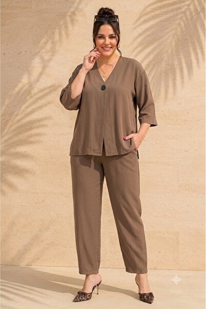 FOR ESRA BIG TREND Women's Plus Size V-Neck Single Button Three-Quarter Sleev...