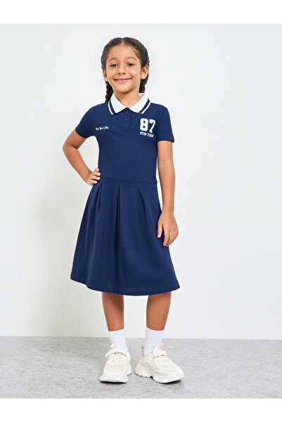 Styli Girls Navy Blue Cotton Polo T-Shirt Dress