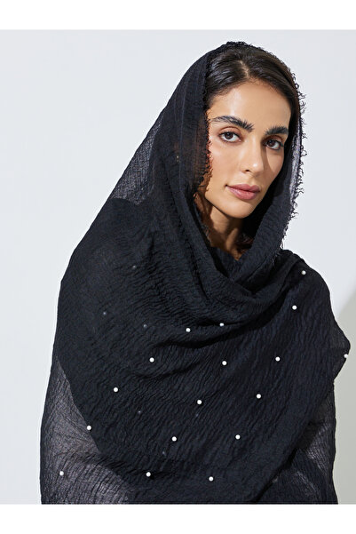 Amirah By Styli Black Studded Pearl Hijab With Frayed Edge