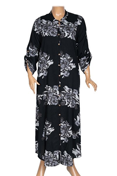 Hermevsim Eloje Women's Woven Viscose Spliced Gray Roses Buttoned Akay Dress
