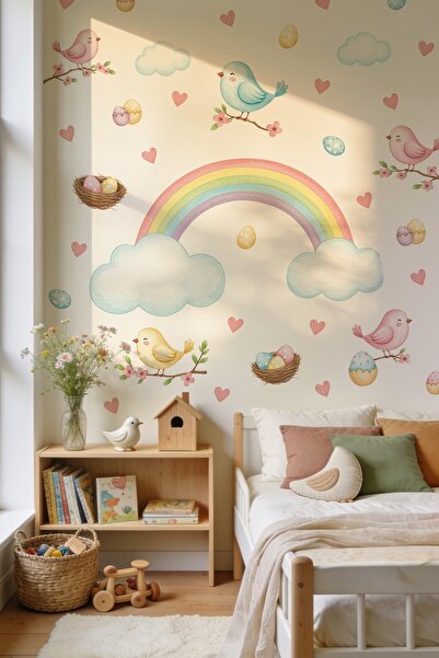MSticker Birds and Rainbow on a Flower Branch Wall Sticker |   83 Pieces of Children's Baby Room Wall Decoration |   Rainbow