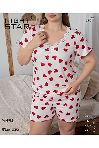 Night Star Waffle Kalp Desenli Büyük Beden Şort Pijama Takımı