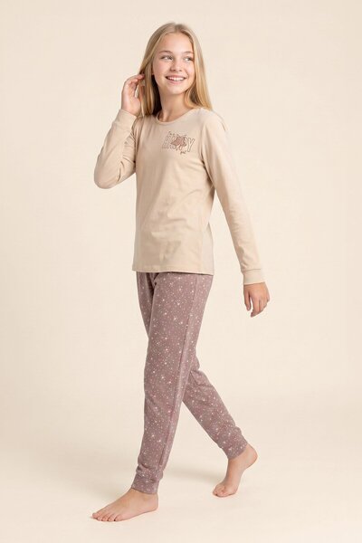 BAYKAR Young Girl's Cotton Crew Neck Printed Long Sleeve Pajama Set 9288 Beige
