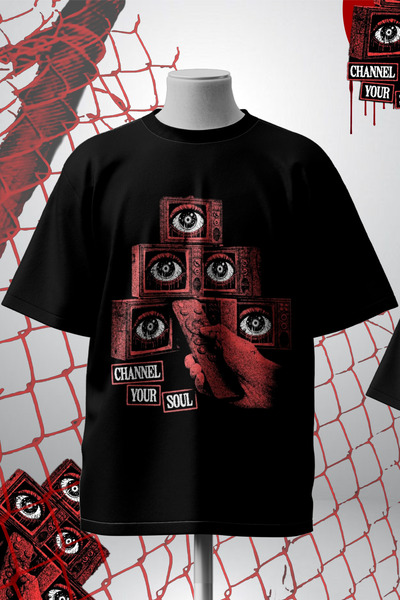Oversize Siyah Horror Baskılı Unisex Tişört | Vintage TV Göz Tasarım | Streetwear Goth T-Shirt