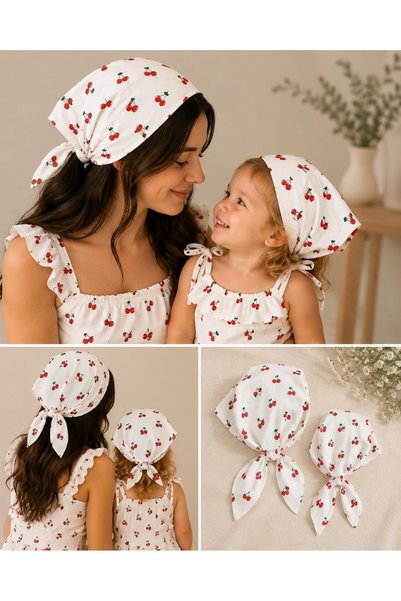 Moda Lina Baby باندانا بنمط الكرز من ماركة آن جيرل - باندانا شعر متناسقة مصنوعة من قماش البوبلين القطني بنسبة 100%
