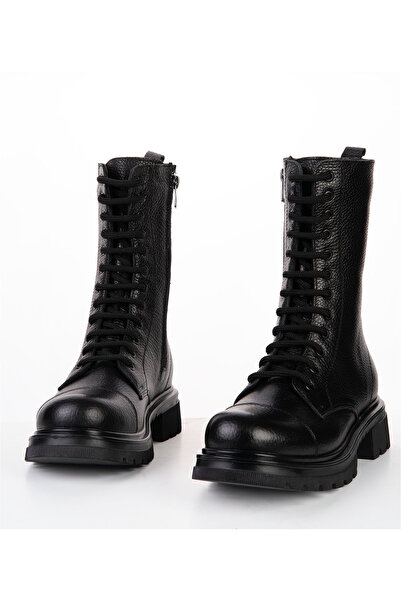 Pairs Republic Black Genuine Leather Women's Lace-Up Long Boots with Zipper a...