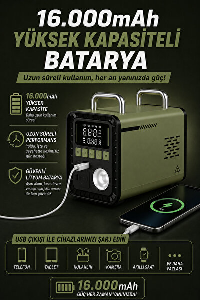 Merwish Akü Takviye 1600A 16.000mAh 150 PSI Hava Kompresörü Powerbank LED Işık Basınçlı Üfleme 4'ü 1 Arada Haki