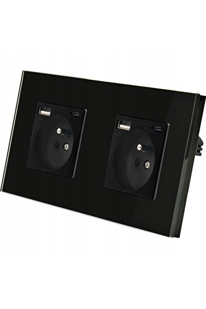 İNDUAL Priză dublă din sticlă cu încărcător USB A+C, negru