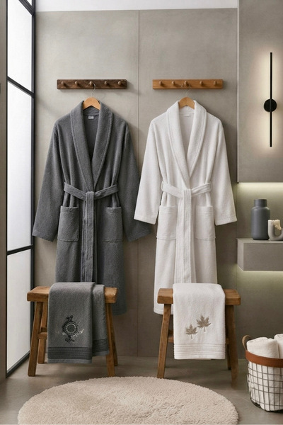 VENTİ VENTİSCA Homely Premium 100% Cotton Embroidered Bathrobe Set 4-Piece Tu...