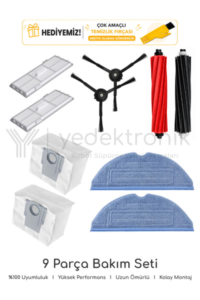 Roborock S8 / S8 Plus / S8 Sonic / S8 Pro Ultra Uyumlu 9 Parça Bakım Seti (Mavi Mop Bezli) | Filtre, Mop Bezi, Ana Fırça, Yan Fırça, Toz Torbası | Yüksek Kalite