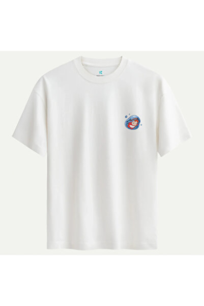 Oversize %100 Pamuk Unisex Bubble Fish Baskılı Tişört - Beyaz
