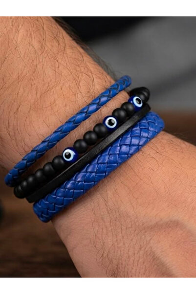 Feronnucci Unisex Pu Leather Combination Bracelet Navy Blue Weave Leather Mag...