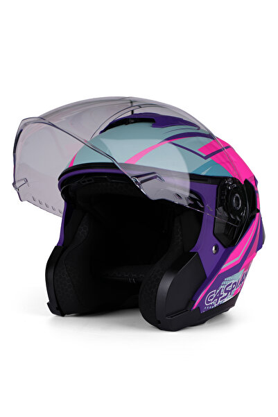 Caspiano Çenesiz Yarım Kask Çenesiz Csp 097 Matt Purple Blue Pink Şeffaf Vizö...
