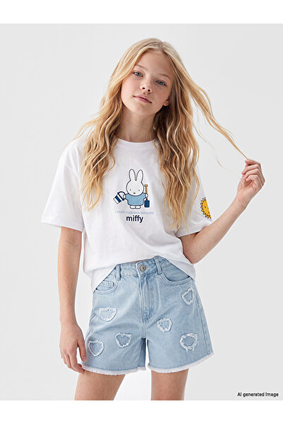 LC Waikiki Trendlucky Girls' T-Shirt with Oval Collar and Miffy Print