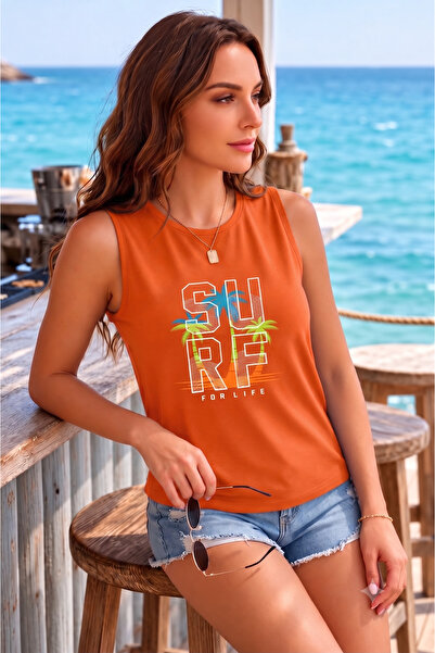 BW Bravely Wear تي شيرت نسائي بدون أكمام مطبوع عليه SURF FOR LIFE (بدون أكتاف)