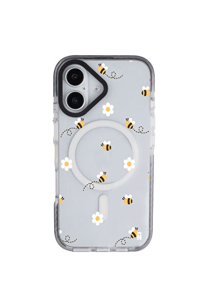 Casen iPhone 16 Yanları Siyah Magsafe Arty Şeffaf Bees and Flowers Tasarımlı ...