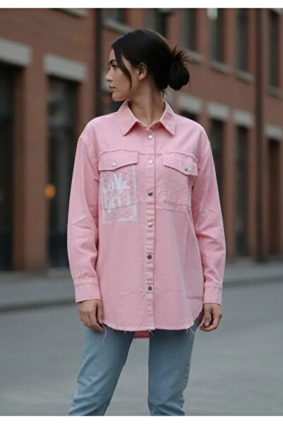 Serena Women's pink Denim shirt with studs and "Love Insensitize" print
