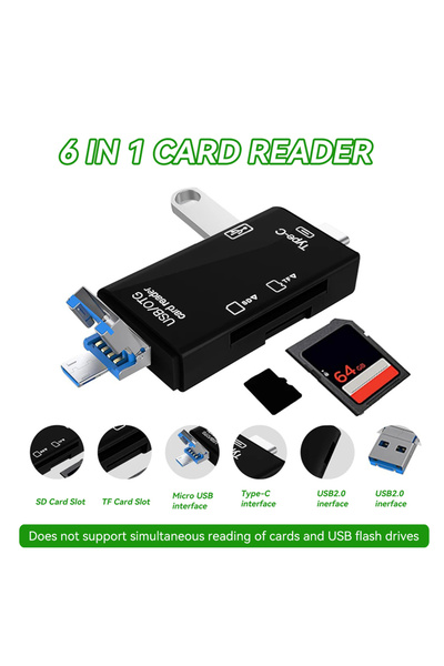 Choice1 قارئ بطاقات ذاكرة محمول 6 في 1 أسود اللون، منفذ Type C وMicro USB، يد...
