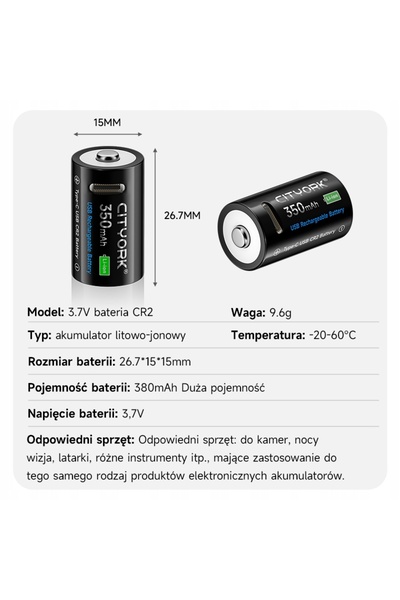 NO BRAND 4 bucăți Baterie reîncărcabilă USB Cr2 3.7V pentru camere digitale, ...