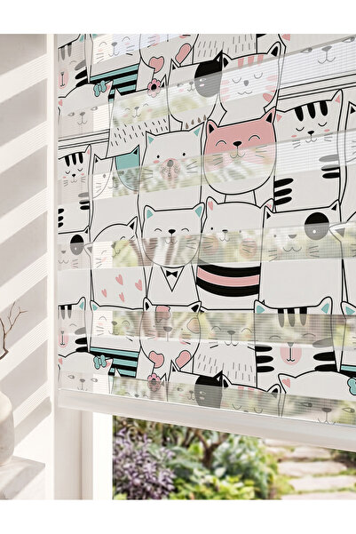AD Home Sevimli Pastel Kedi Çizimleri Dijital Baskılı Çocuk Odası Zebra Perde
