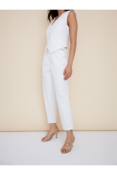 NO BRAND Pantaloni clasici simpli din bumbac crem Kant 7/8 Talie cu curea Buz...