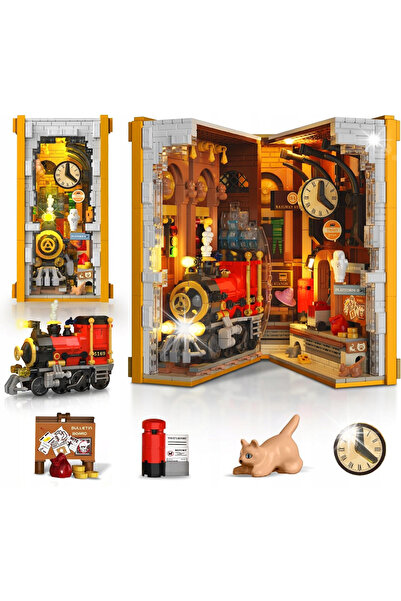 NO BRAND Puzzle 3D cu blocuri: Colț de carte cu stație de tren magică și libr...