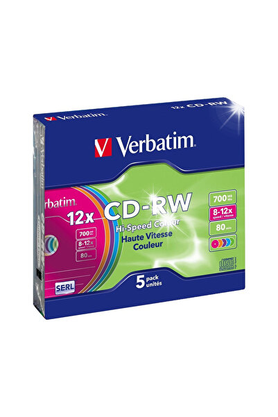 Verbatim Discuri CD-RW 700MB 12X, carcasă subțire colorată, pachet de 5