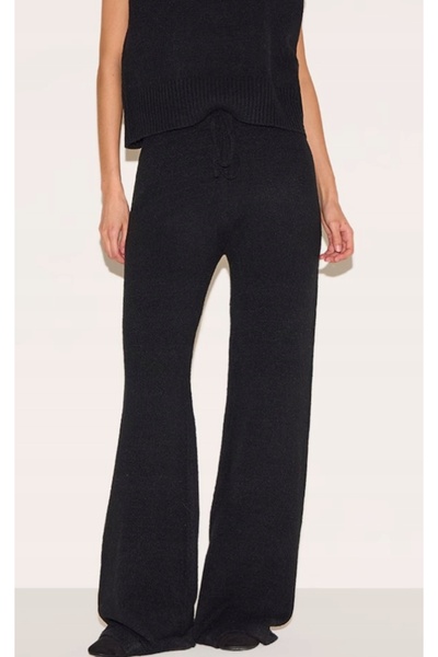 NO BRAND Pantaloni tricotați negri, cu croială largă, talie elastică, Prettyl...