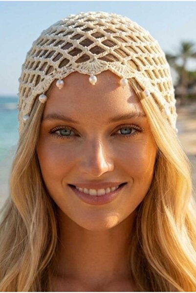 Uniquetrenders قبعة نسائية من الكروشيه مزينة باللؤلؤ، إكسسوارات شاطئية بوهيمي...
