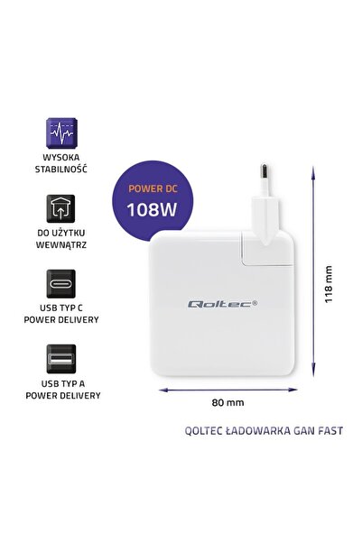 NO BRAND Încărcător Qoltec GaN Rapid 108W |   5-20V |   3-4.7A |   USB C |   Alb