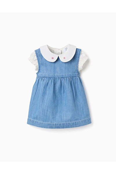 Ziddy Cotton Bodysuit + Denim Sleeveless Dress For Newborn Girls, White/Blue