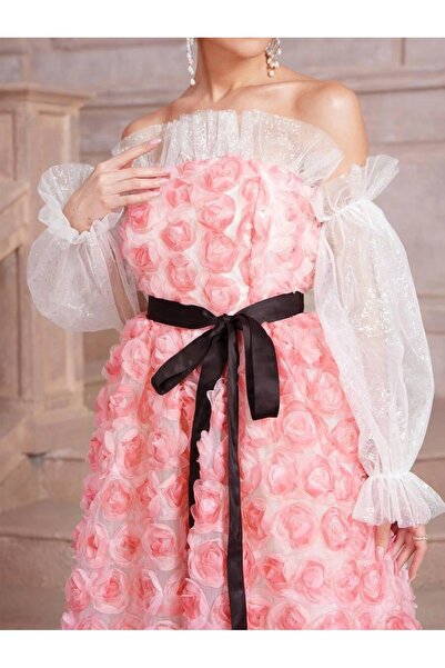 NO BRAND Rochie maxi roz din satin cu imperfecțiuni, curea cu flori 3D, SHEIN L