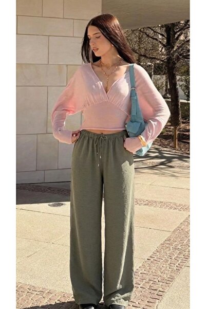 DAMGA JEANS Γυναικείο καλοκαιρινό παντελόνι με υφή, φαρδιά μπατζάκια, πράσινο...