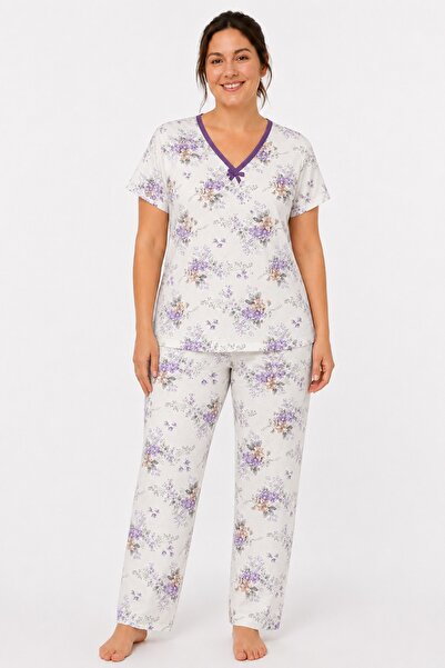 CottonVia Mother's Pajama Set, Ribbed V-Neck, Short Sleeves, 100% Combed Cott...
