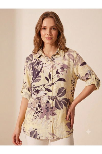 MADE İN ITALY Women's Italian 100% Linen Patterned Shirt Blouse - Three Quart...
