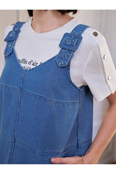 NO BRAND Rochie din denim albastră, lejeră, mini, cu buzunare, cu bretele, SH...