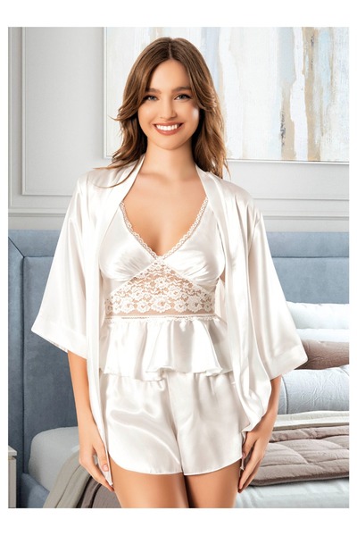 CARLEEN MODA SATEN DANTEL DETAYLI ŞORTLU PİJAMA TAKIMI SABAHLIKLI 3’LÜ EV GİYİM