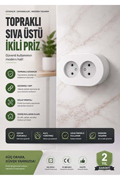 Eco Lounge Topraklı Sıva Üstü Priz İkili – Güvenli, Dayanıklı Ve Modern Duvar...