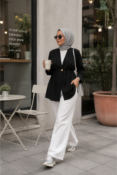 ShopFast Beli Lastikli Kolu Katlamalı Tek Düğmeli Krep Kimono