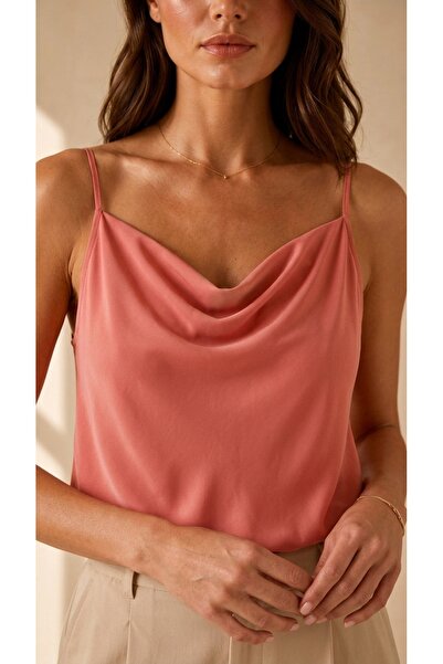 peralist Women's Salmon Color Adjustable Strap Draped Collar Flowy Sandy Fabric Blouse