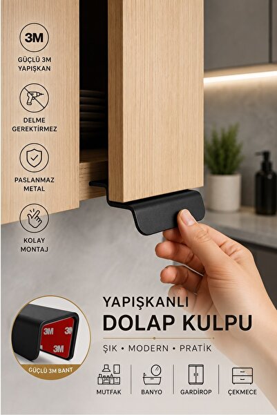 Kitchen Beauty Premium Yapışkanlı Dolap Çekmece Kulpu Mat Siyah Metal - Eller...