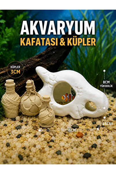 Akvaryum Kafatası Dekoru 16x15x8 cm + 3 Adet 3 cm Dekoratif Küp Hediyeli