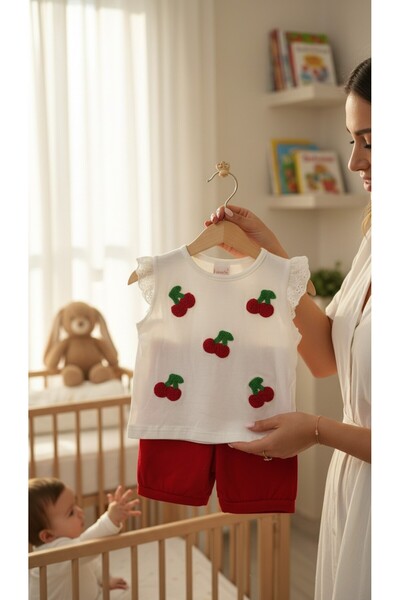 balbeybi Baby Girl Cherry Patterned Ruffle Sleeve T-Shirt Shorts 2-Piece Set Cotton Summer Casual Red White 6-15 Months