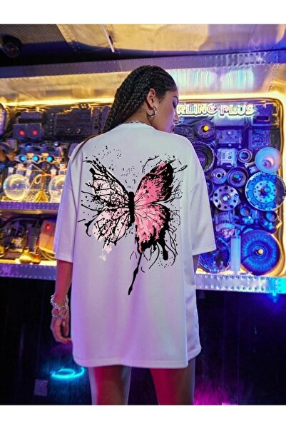 H&GHAMLEGİYİM White Butterfly Printed Oversize Combed Cotton T-shirt