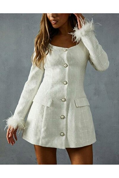 NO BRAND Rochie mini albă din tweed, deschisă în față, cu mâneci lungi și pen...