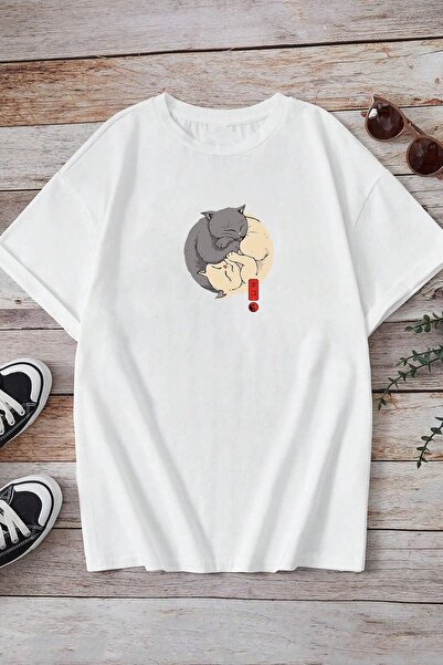 yombaa Unisex μπλουζάκι με στάμπα Ying Yang Cat Oversize