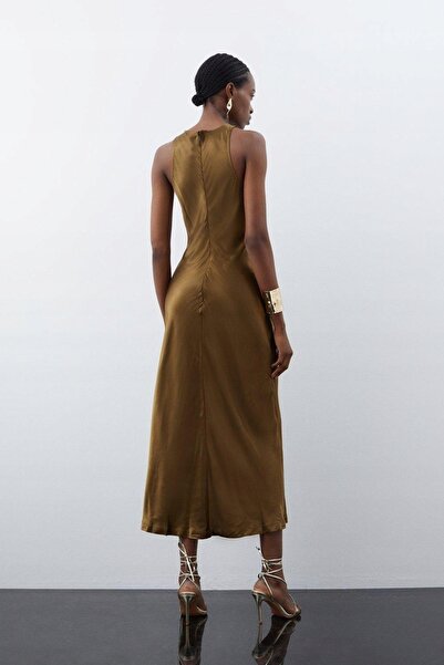 NO BRAND Rochie din satin kaki Midaxi Clasic Drept Uni Karen Millen 40