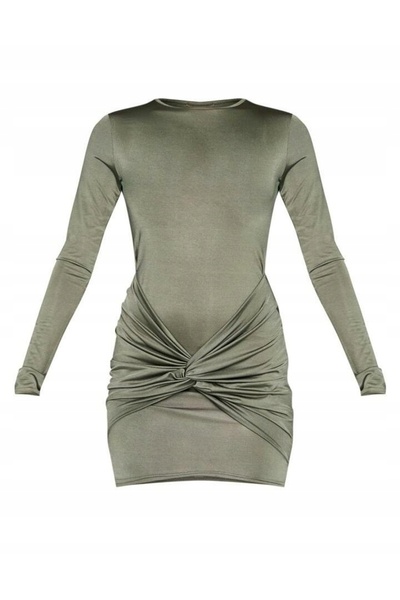 NO BRAND Rochie mini tip creion verde, cu mânecă lungă, încrețită, prettylitt...
