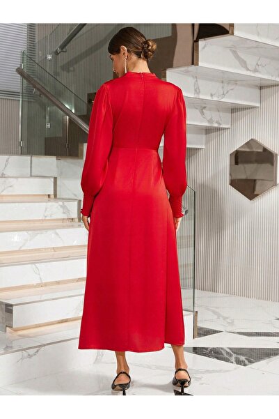 NO BRAND Rochie roșie, mâneci lungi, uni, decolteu în V, clasică, Shein m