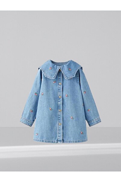Argün kidss Çiçek Detay Nakışlı Denim Jeans Elbise